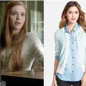 EUC Halogen White and Green Geometric  Button Down Cardigan Medium